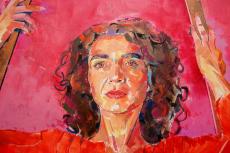 Girl against red background, I